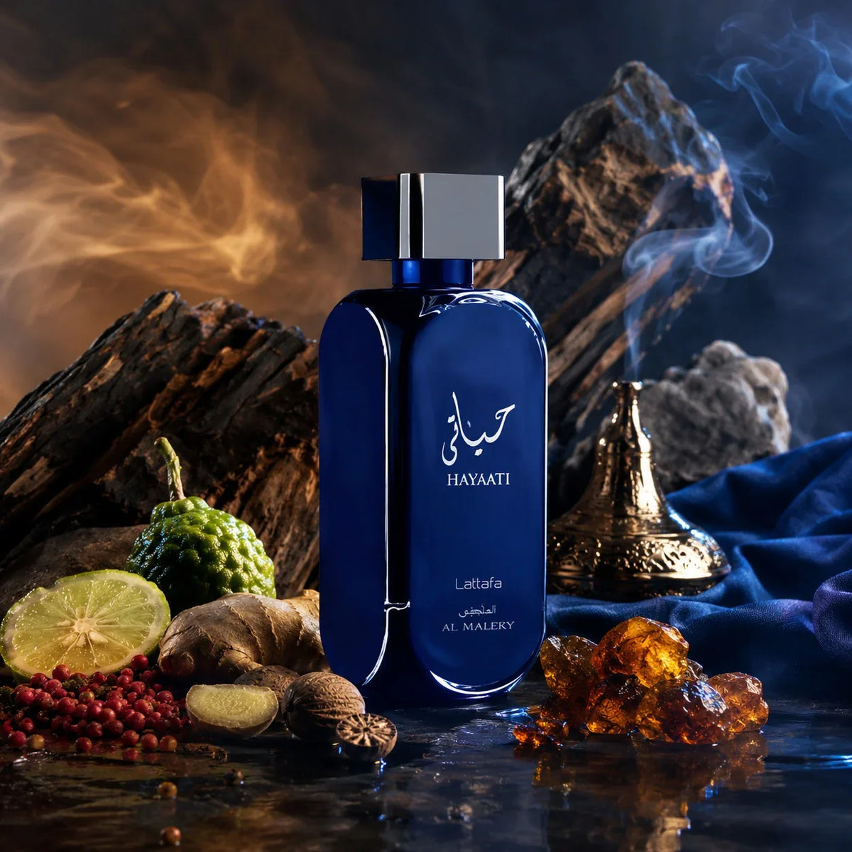 ARVOLA_SHOWCASE — Hayaati Al Maleky Lattafa, photo artistique (poivre rose, muscade, bergamote, gingembre, cedre, encens, ciste, musc, ambre, ambre gris)
