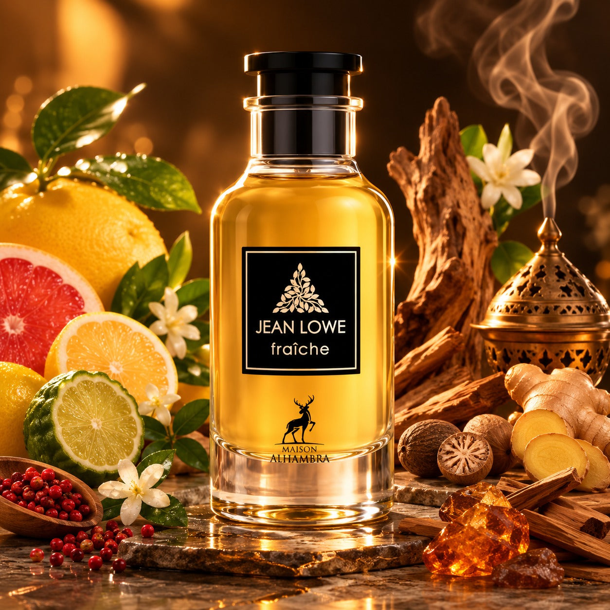 ARVOLA_SHOWCASE — Jean Lowe Fraiche Maison Alhambra, photo artistique (citron, pamplemousse, bergamote, poivre rose, muscade, melon, gingembre, jasmin, patchouli, bois de santal, ambre, encens)