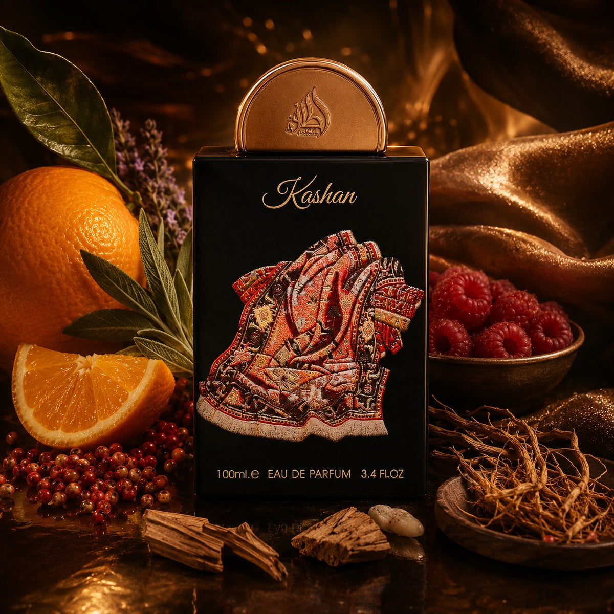 ARVOLA_SHOWCASE — Kashan Lattafa Pride, photo artistique (poivre rose, orange, sauge sclaree, framboise, cashmeran, ambroxan, vetiver, bois de santal, musc)