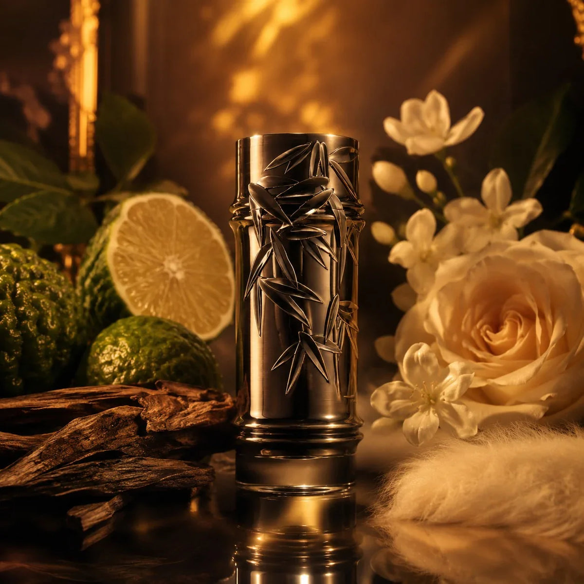 ARVOLA_SHOWCASE — Khashabi Lattafa, photo artistique (bergamote, cedrat, rose, jasmin, fleurs blanches, musc, notes boisees)