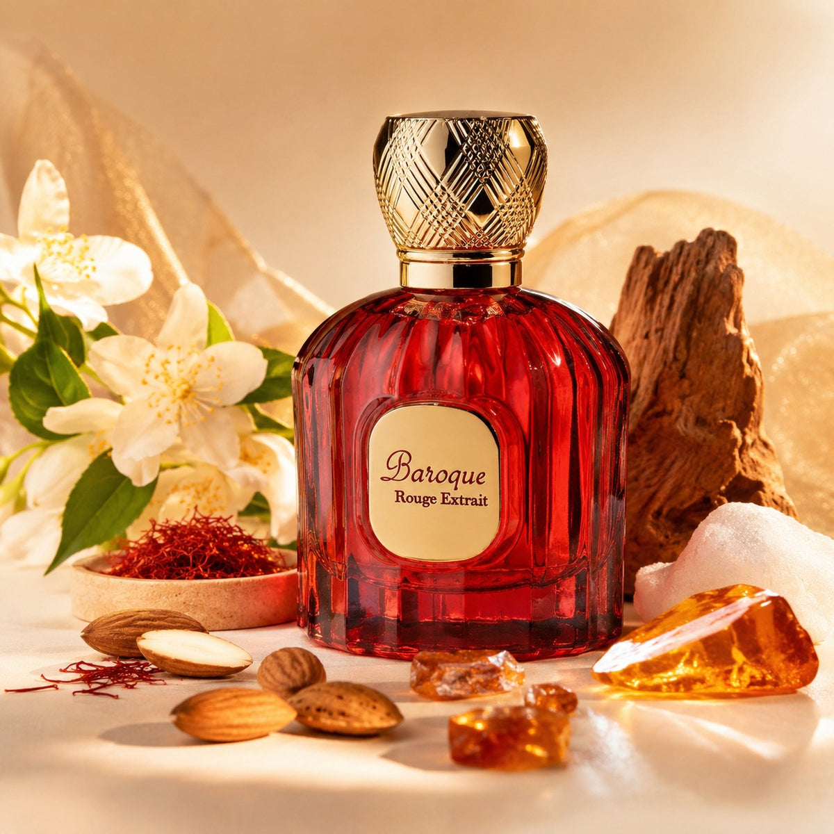 ARVOLA_SHOWCASE — La Rouge Baroque Extreme Maison Alhambra, photo artistique fond clair (jasmin, safran, amande, bois de cèdre, musc, notes boisées, ambre)