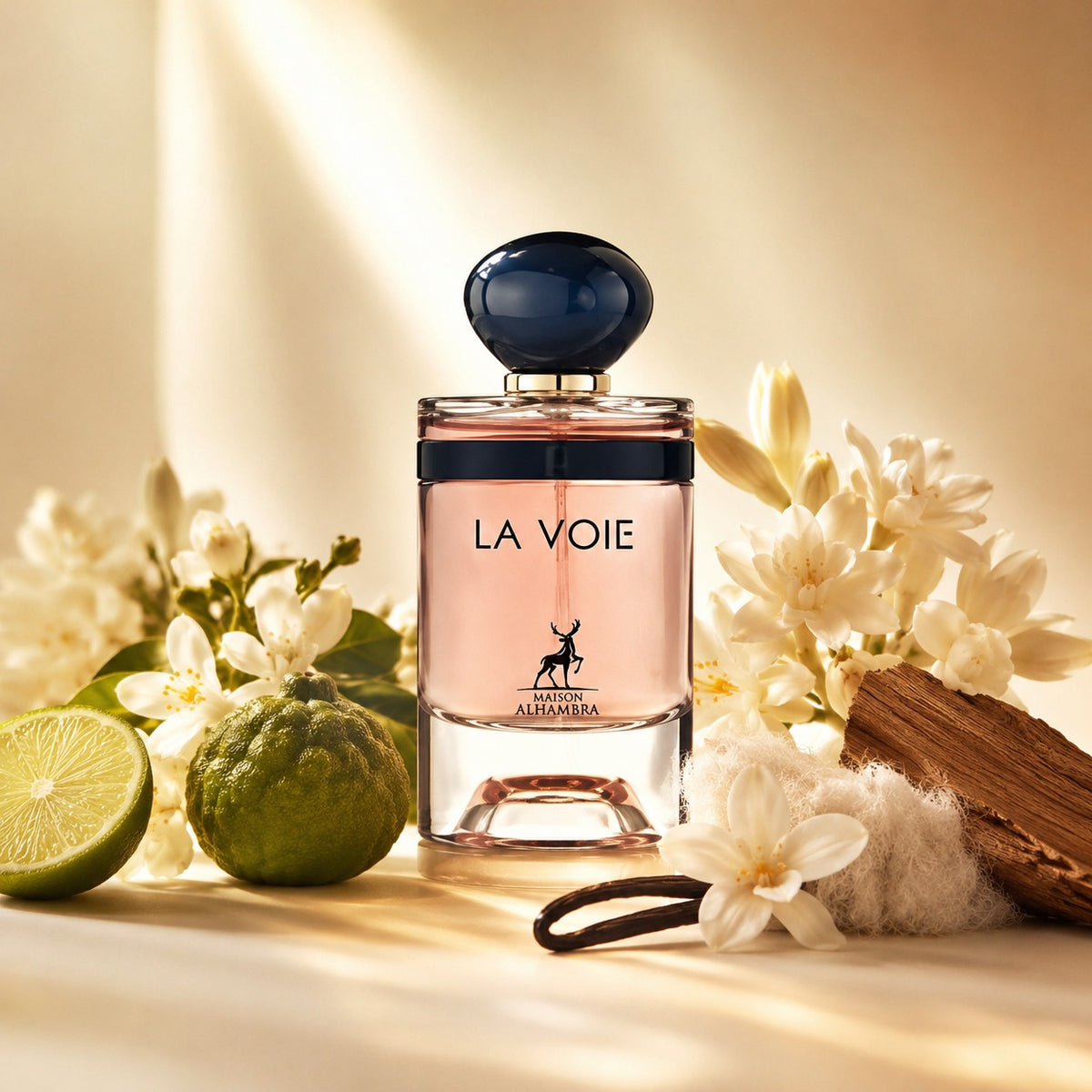 ARVOLA_SHOWCASE — La Voie Maison Alhambra, photo artistique fond clair (fleur d'oranger, bergamote, tubéreuse, jasmin d'inde, vanille de madagascar, musc blanc, cèdre de virginie)
