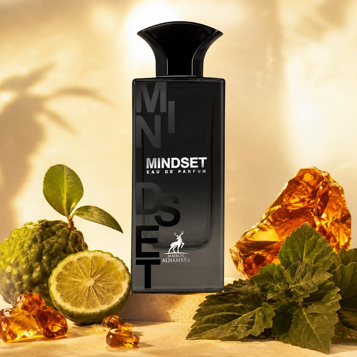ARVOLA_SHOWCASE — Mindset Maison Alhambra, photo artistique fond clair (bergamote de calabre, ambre, patchouli)