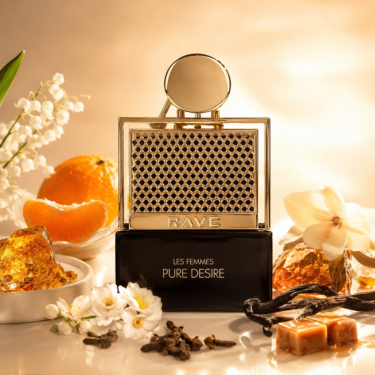 ARVOLA_SHOWCASE — Pure Desire Gold Rave, photo artistique fond clair (ambre, mandarine, clou de girofle, fleurs blanches, muguet, ambre gris, caramel, vanille)