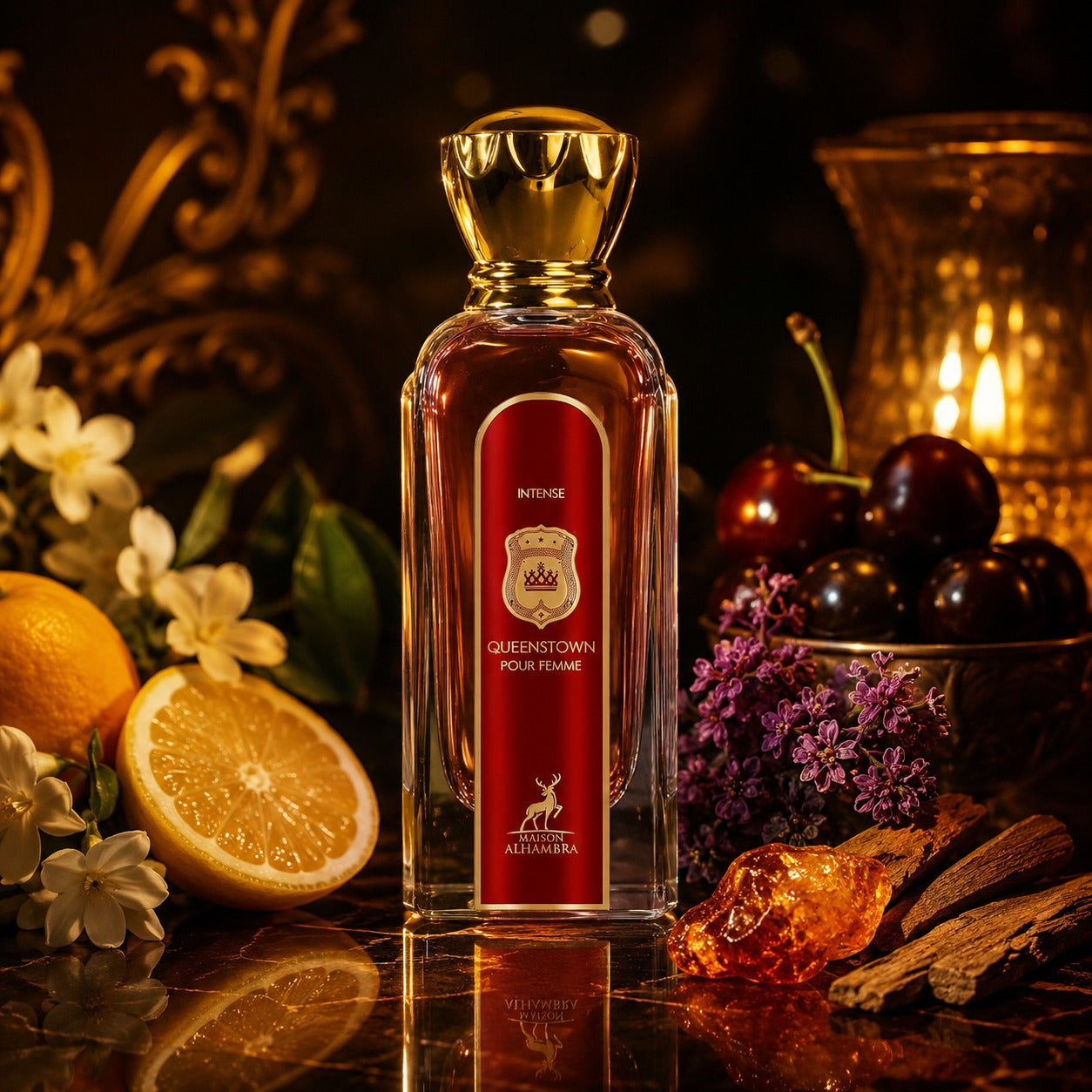 ARVOLA_SHOWCASE — Queenstown Intense Maison Alhambra, photo artistique (citron, jasmin, orange, cerise noire, heliotrope, musc, bois de cedre, ambre)