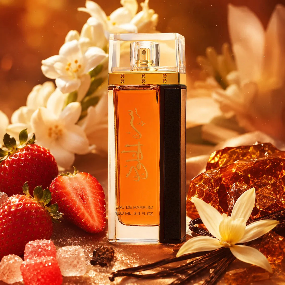ARVOLA_SHOWCASE — Ser Al Khulood Gold Lattafa, photo artistique (fraise, sucre, tubereuse, jasmin, vanille, ambre, musc)