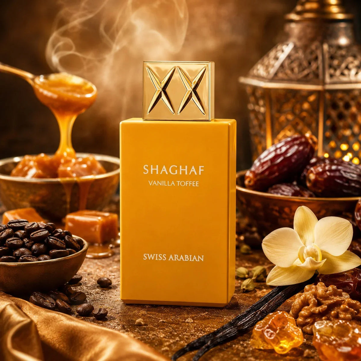 ARVOLA_SHOWCASE — Shaghaf Vanilla Toffee Swiss Arabian, photo artistique (caramel au beurre, cafe arabica, dattes, noix, vanille, cardamome, ambre, musc)