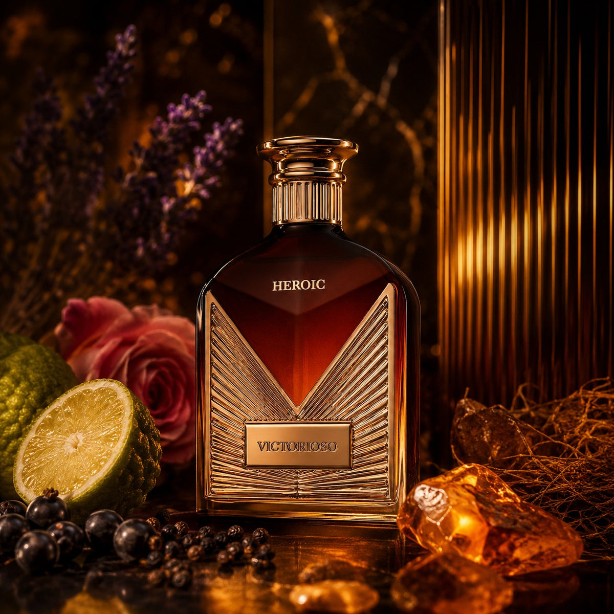 ARVOLA_SHOWCASE — Victorioso Heroic Maison Alhambra, photo artistique (poivre noir, bergamote, cassis, geranium, lavande, rose, ambre, musc, vetiver)