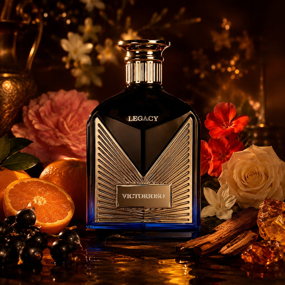 ARVOLA_SHOWCASE — Victorioso Legacy Maison Alhambra, photo artistique (cassis, mandarine, bergamote, géranium, rose, jasmin, musc, ambre, santal)