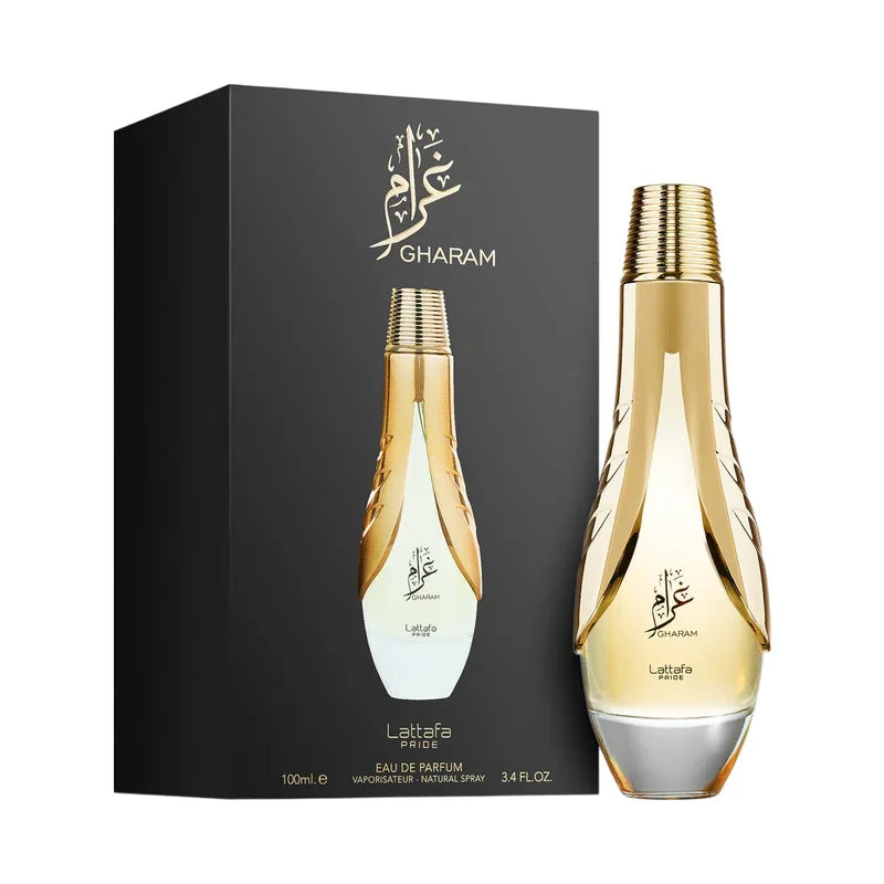 Parfum Lattafa Pride Gharam dans son coffret noir et flacon doré élégant.