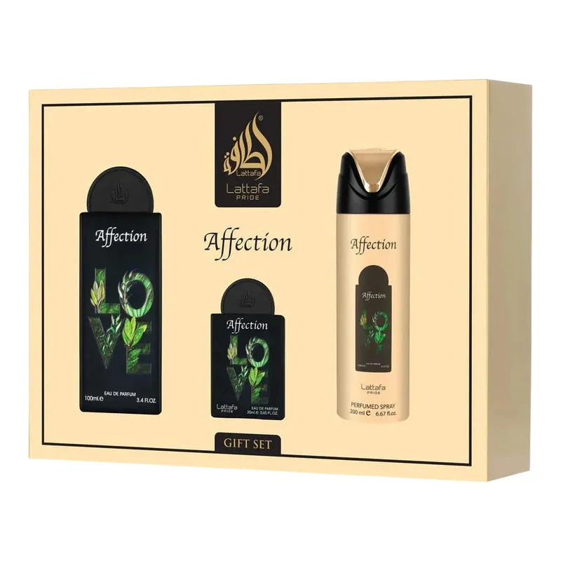 Coffret cadeau parfum Affection Lattafa Pride avec eau de parfum et spray parfumé, design feuilles vertes