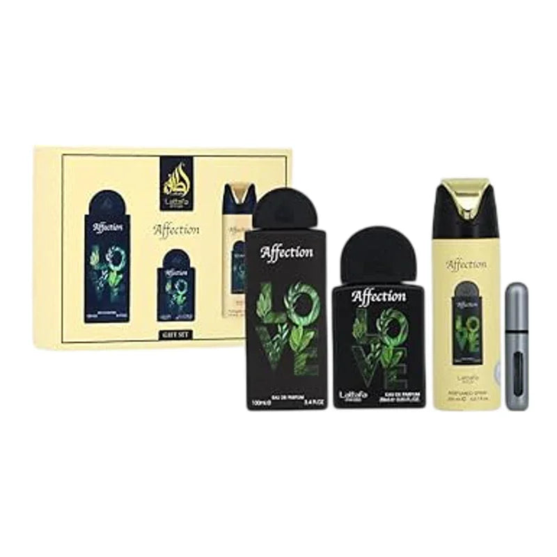 Coffret parfum Affection avec eau de parfum, spray corporel et miniatures, design vert LOVE