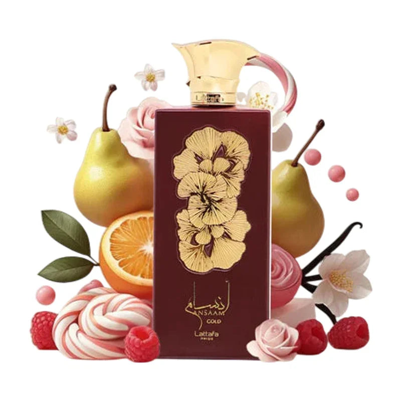 Parfum Lattafa Ansaam Gold entouré de poires, agrumes, framboises et fleurs délicates