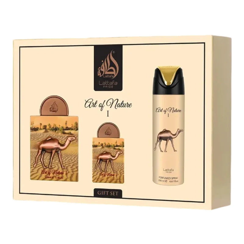 Coffret cadeau Art of Nature I avec spray parfumé et flacons décorés de chameaux, design désert
