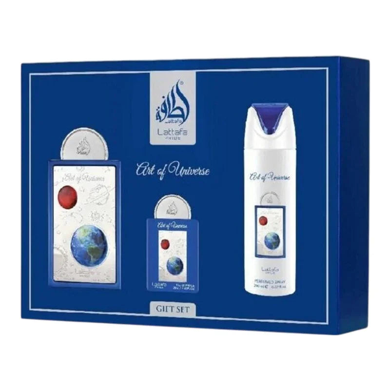 Coffret cadeau Art of Universe Lattafa avec parfum et spray, design cosmique bleu et blanc
