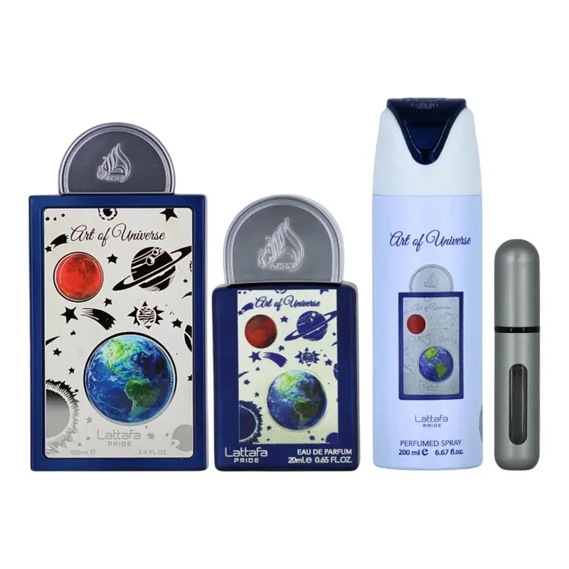 Collection Art of Universe Lattafa Pride : eau de parfum, spray parfumé et recharge, design cosmos planètes