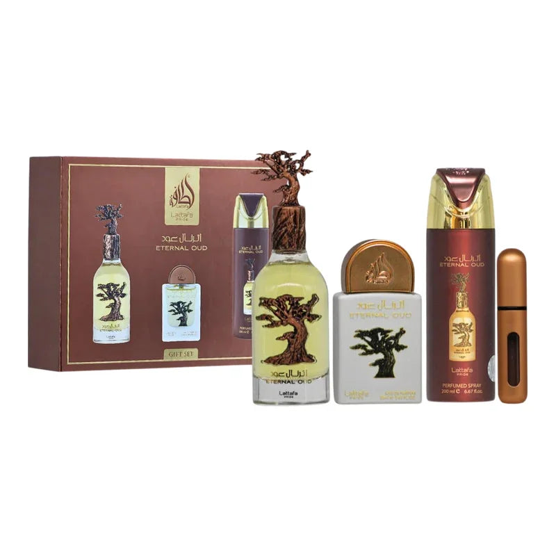 Coffret cadeau parfum Eternal Oud de Lattafa avec flacon et spray parfumé