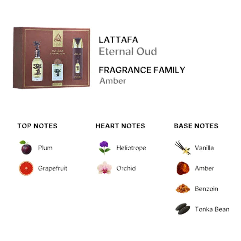 Coffret parfum Lattafa Eternal Oud, fragrance ambrée avec notes de prune et vanille.