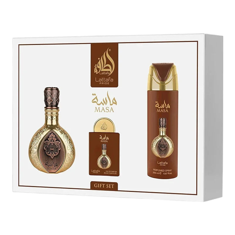 Coffret cadeau parfum Masa Lattafa Pride avec eau de parfum et spray parfumé, design doré et élégant