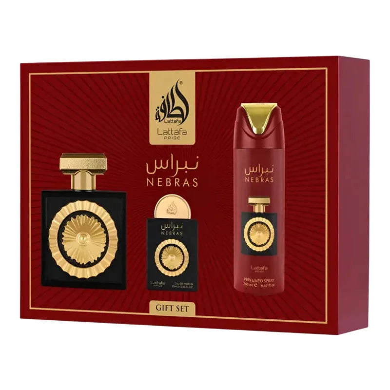 Coffret cadeau parfum Nebras Lattafa avec flacon noir doré, eau de parfum et spray parfumé, boîte rouge luxueuse