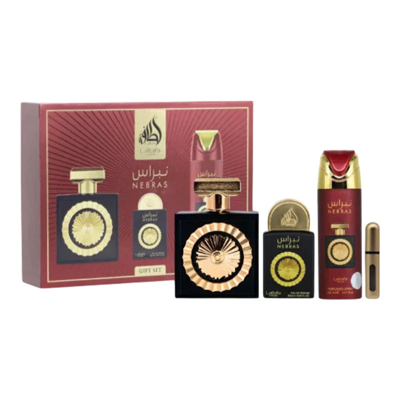 Coffret parfum Nebras luxe avec flacons dorés et écrin rouge, idéal cadeau