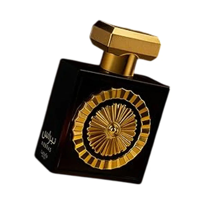 Flacon de parfum noir et or avec motif doré, design luxueux et élégant