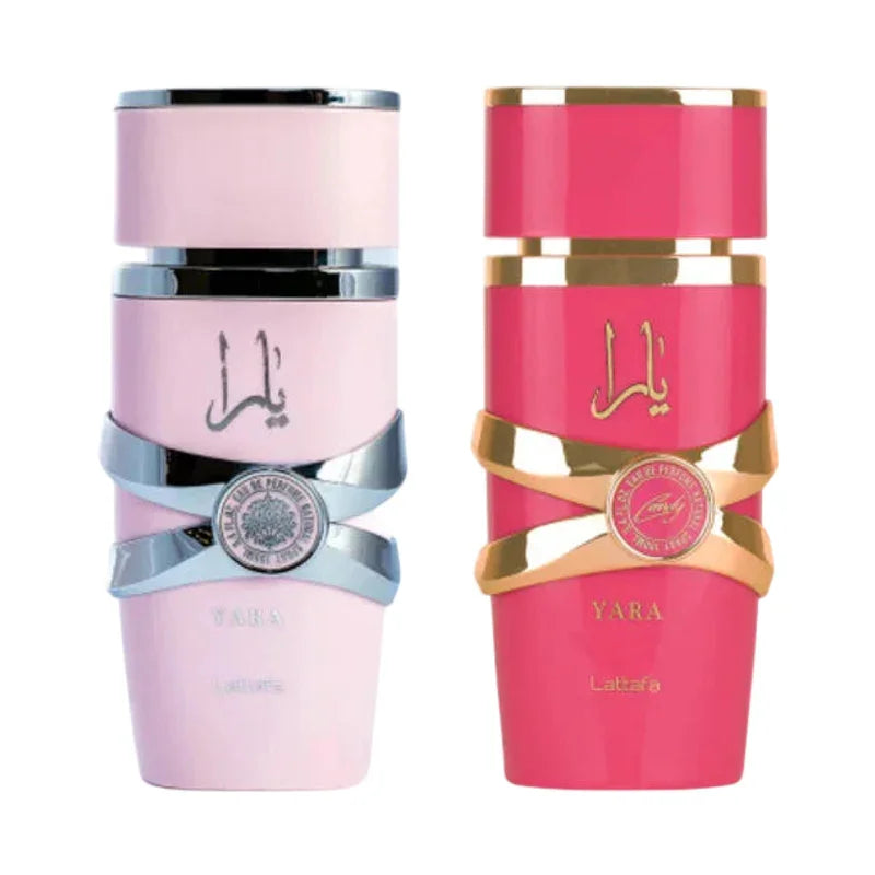 Parfums Yara de Lattafa en flacons rose clair et rose vif avec détails métallisés.
