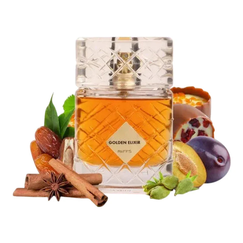 Parfum Golden Elixir de Riffs entouré de cannelle, badiane et fruits