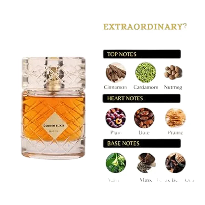 Pyramide olfactive du parfum Golden Elixir : notes de cannelle, cardamome, prune et musc.