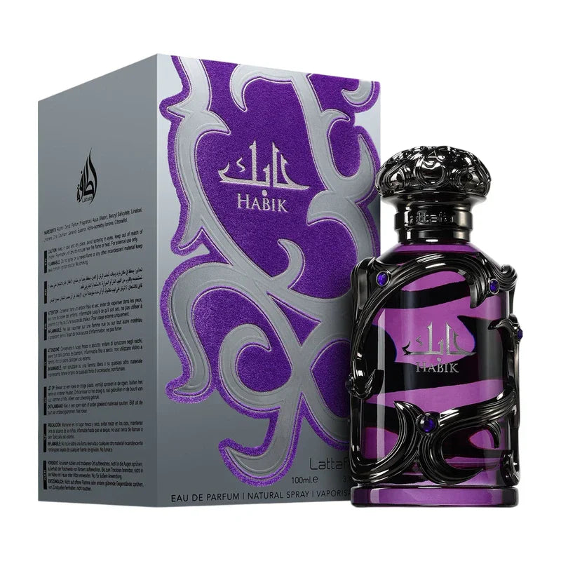 Parfum Habik en flacon violet et noir avec son coffret élégant
