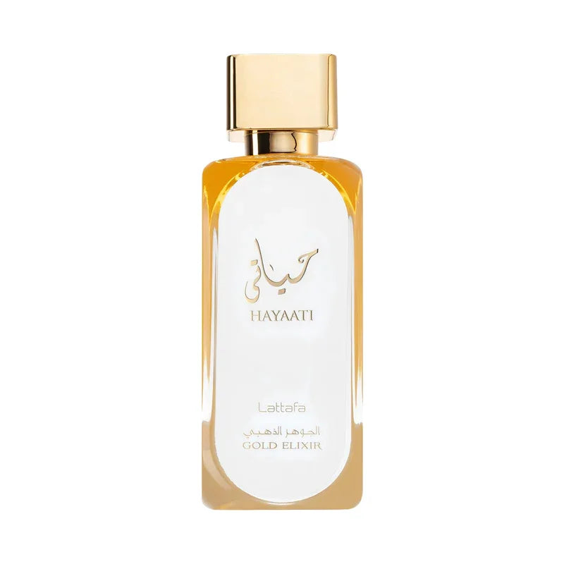 Flacon d'huile parfumée Hayaati Gold Elixir Lattafa, design élégant avec bouchon doré