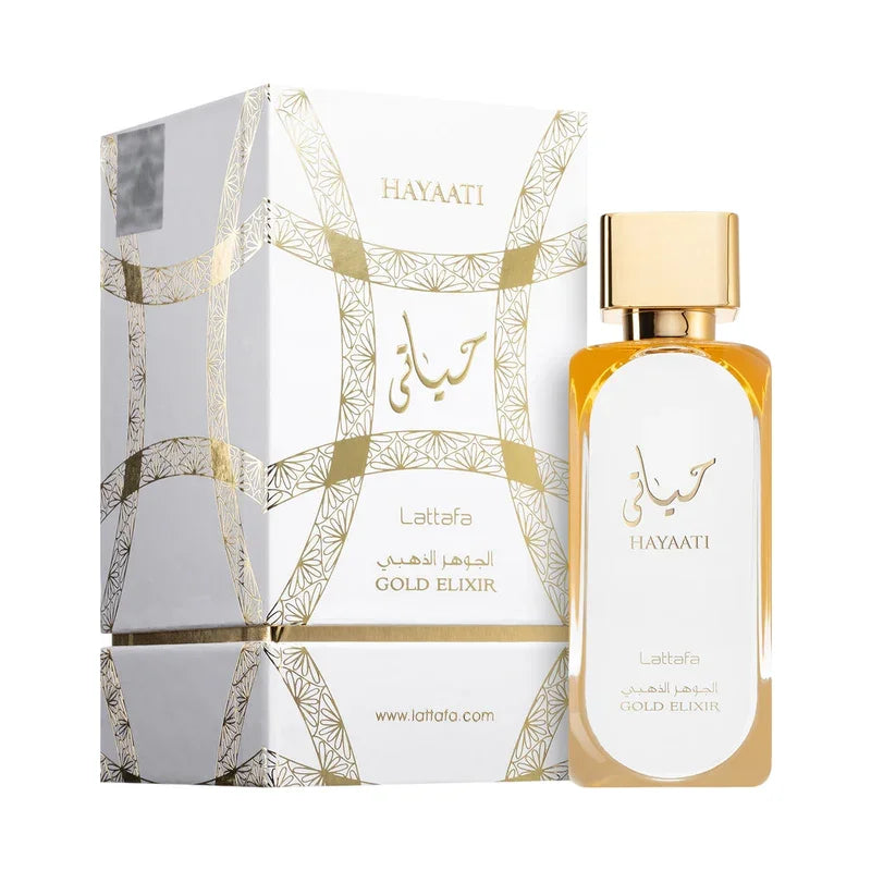 Parfum Hayaati Gold Elixir par Lattafa, flacon doré et boîte élégante avec motifs arabesques