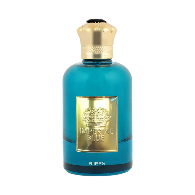 Parfum Imperial Blue de Riiffs dans un flacon bleu élégant avec bouchon doré