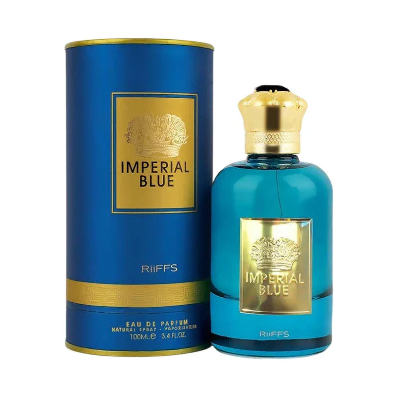 Parfum Imperial Blue de Riiffs en flacon bleu et son étui cylindrique bleu et doré.
