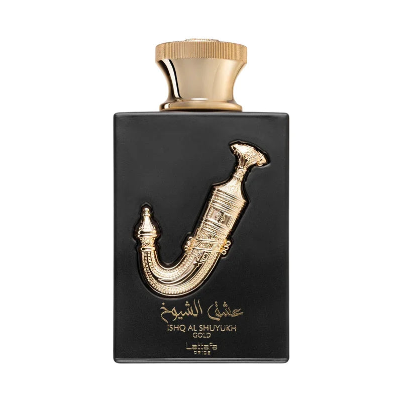 Parfum Lattafa Ishq Al Shuyukh Gold pour homme dans un flacon noir et doré élégant