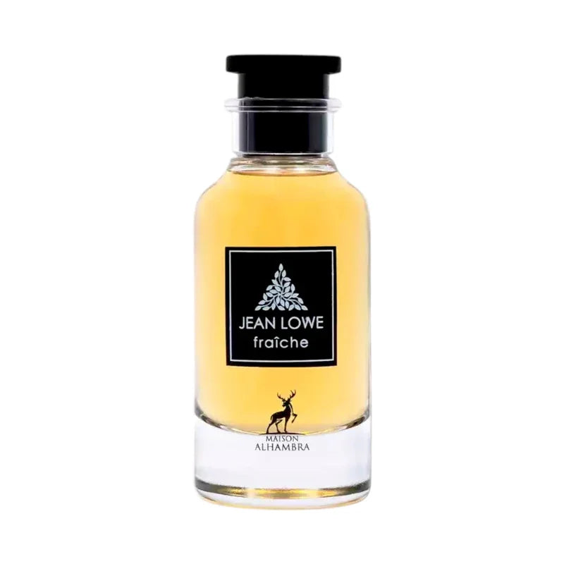 Eau de parfum Jean Lowe fraîche, flacon transparent avec étiquette noire et logo cerf, parfum Maison Alhambra