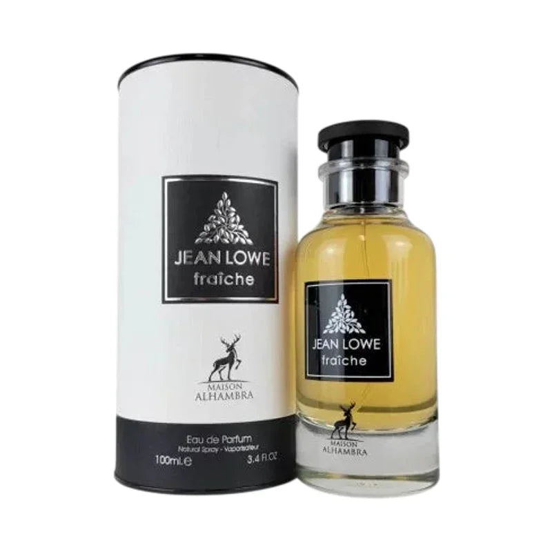 Jean Lowe fraîche Eau de Parfum 100ml par Maison Alhambra, flacon transparent avec étiquette noire et boîte cylindrique élégante