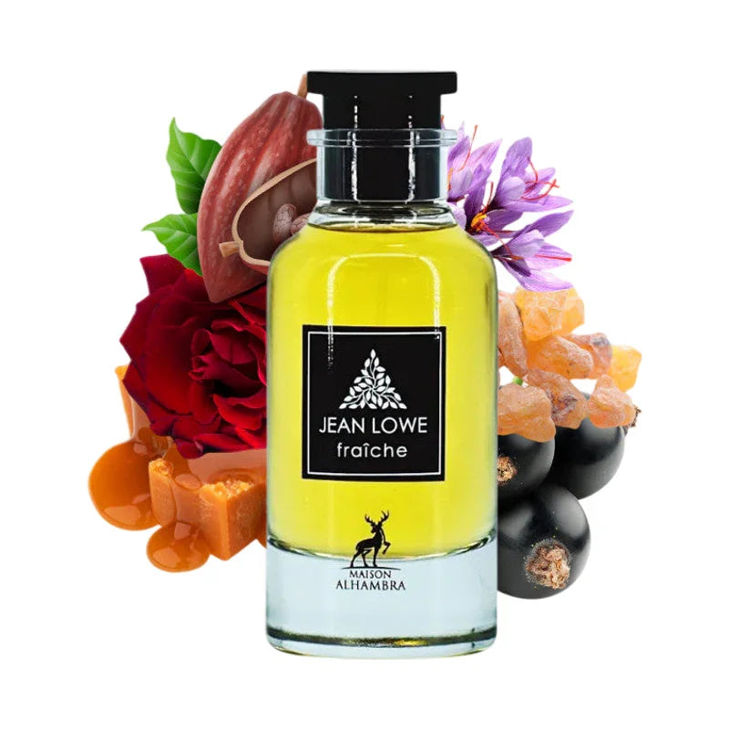 Parfum Jean Lowe fraîche par Maison Alhambra, flacon jaune avec rose, safran et baies