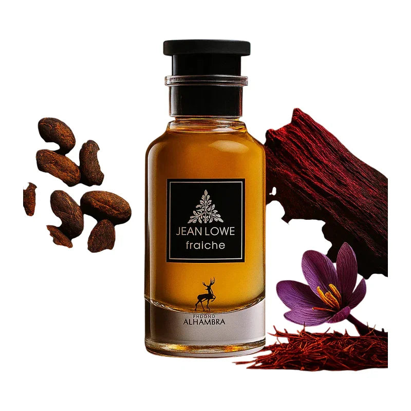 Parfum Jean Lowe fraîche avec notes de safran et bois précieux, flacon élégant pour homme