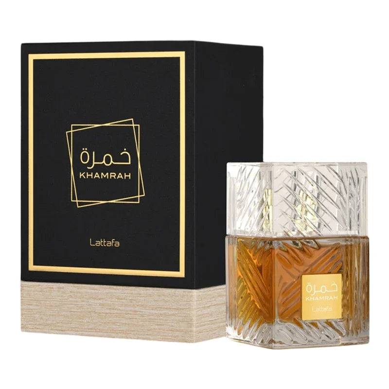 Parfum Khamrah de Lattafa dans son coffret noir et doré élégant