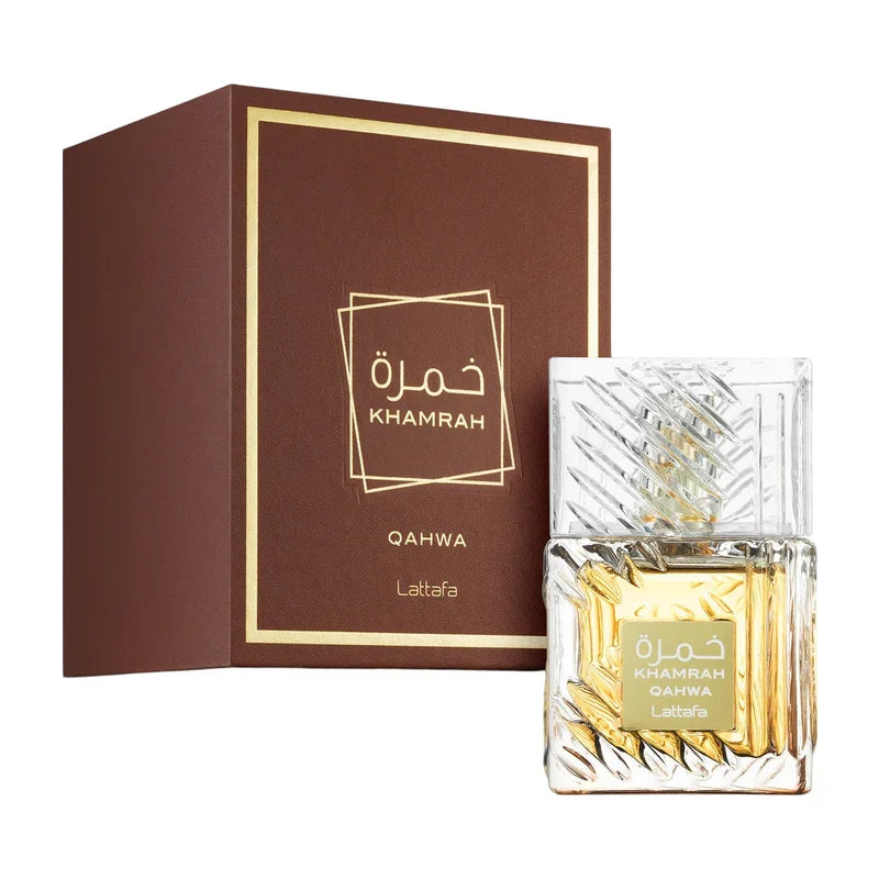 Parfum Khamrah Qahwa Lattafa, flacon cristal doré et boîte marron élégante, parfum oriental luxueux