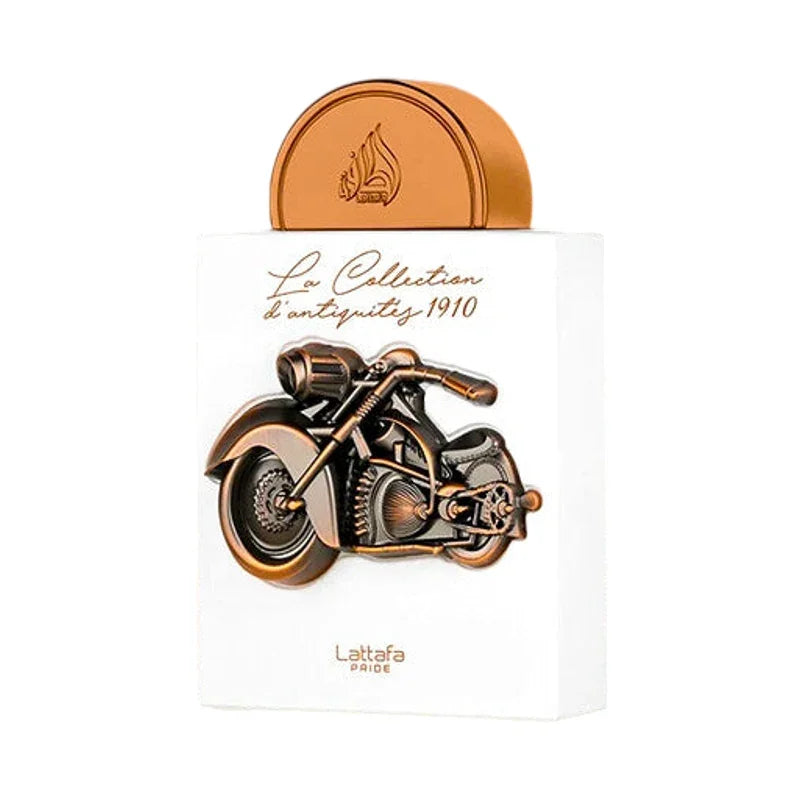 Flacon de parfum Lattafa Pride La Collection d'antiquités 1910 avec motif de moto cuivré