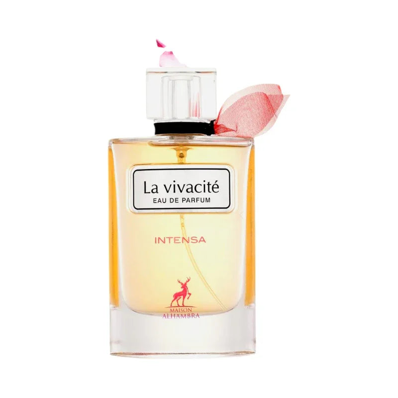 Flacon de parfum La vivacité Eau de Parfum Intense de Maison Alhambra avec pétales de fleurs
