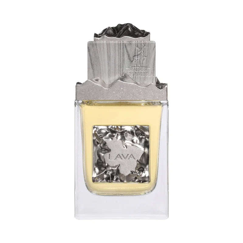 Flacon de parfum LAVA avec bouchon argenté sculpté en forme de montagnes