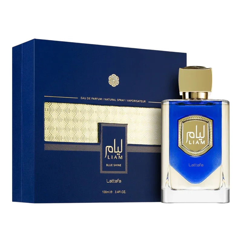 Parfum Lattafa Liam Blue Shine pour homme dans son coffret bleu et doré