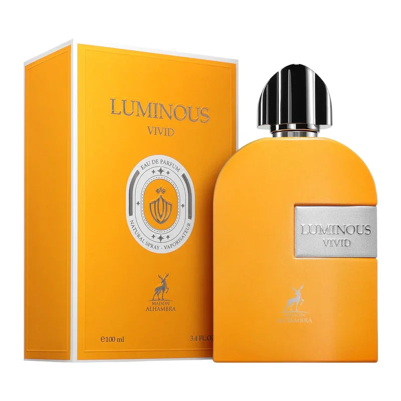 Eau de parfum Luminous Vivid 100ml, flacon orange vif et boîte assortie, Maison Alhambra