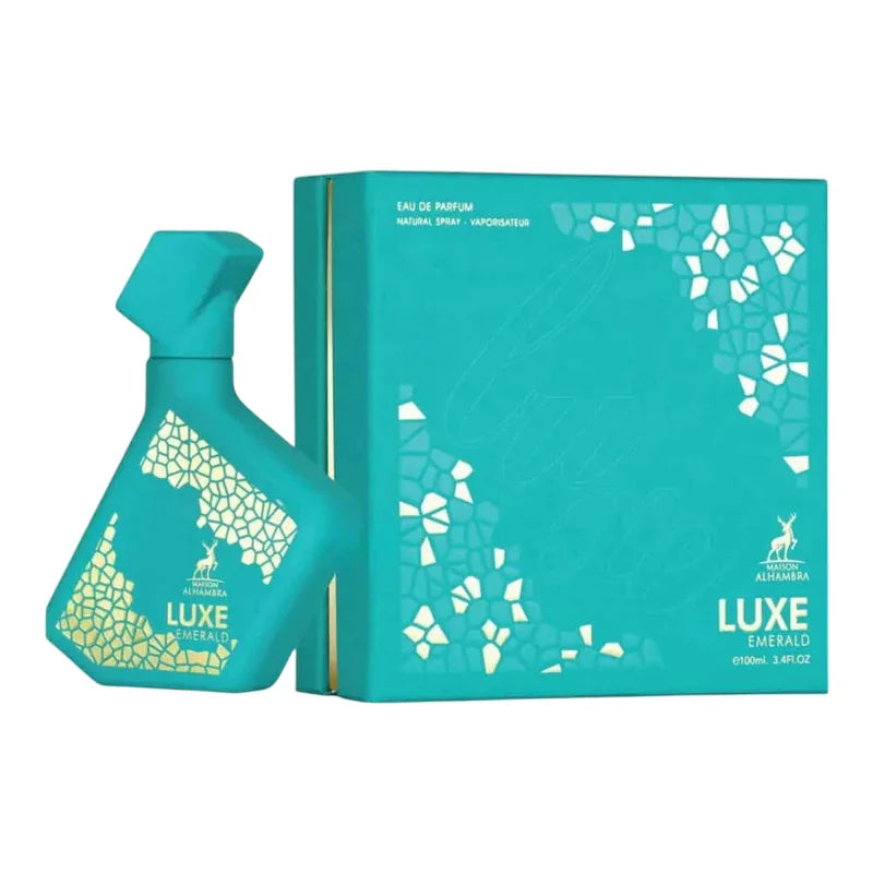 Eau de parfum Luxe Emerald en flacon turquoise avec emballage assorti, design mosaïque dorée