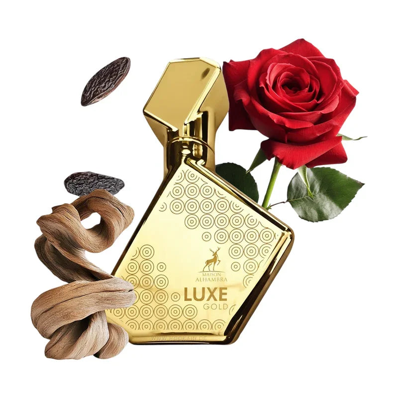 Parfum Maison Alhambra Luxe Gold avec rose rouge et notes de café et de bois.