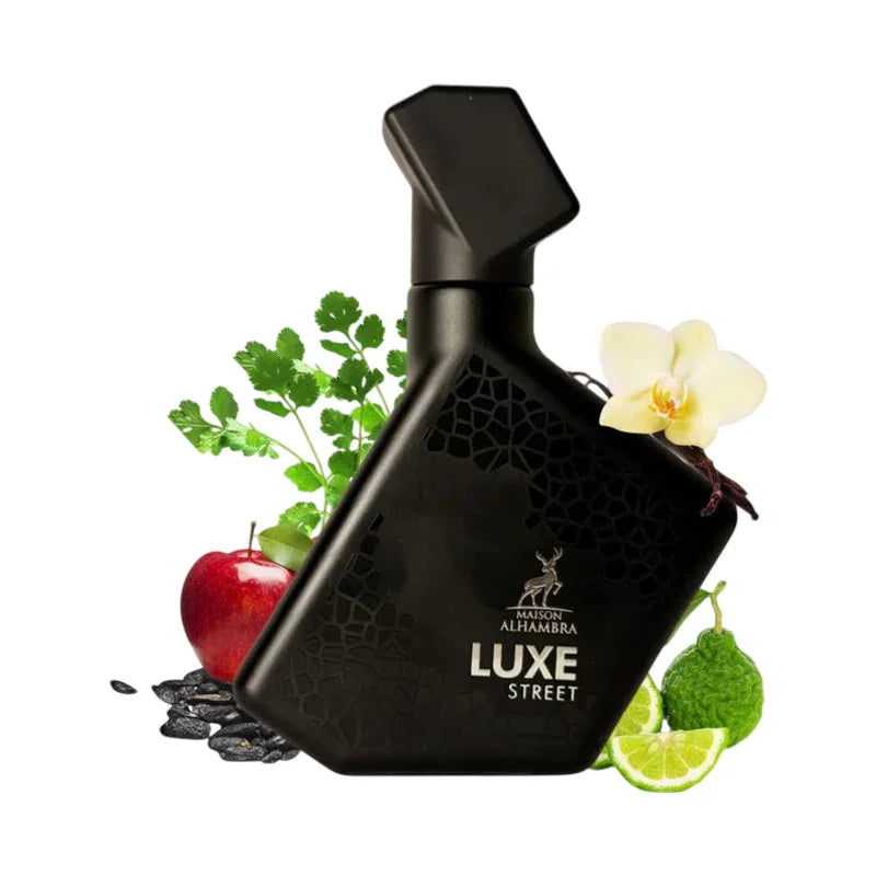 Parfum Luxe Street de Maison Alhambra avec pomme rouge, fleurs blanches et agrumes