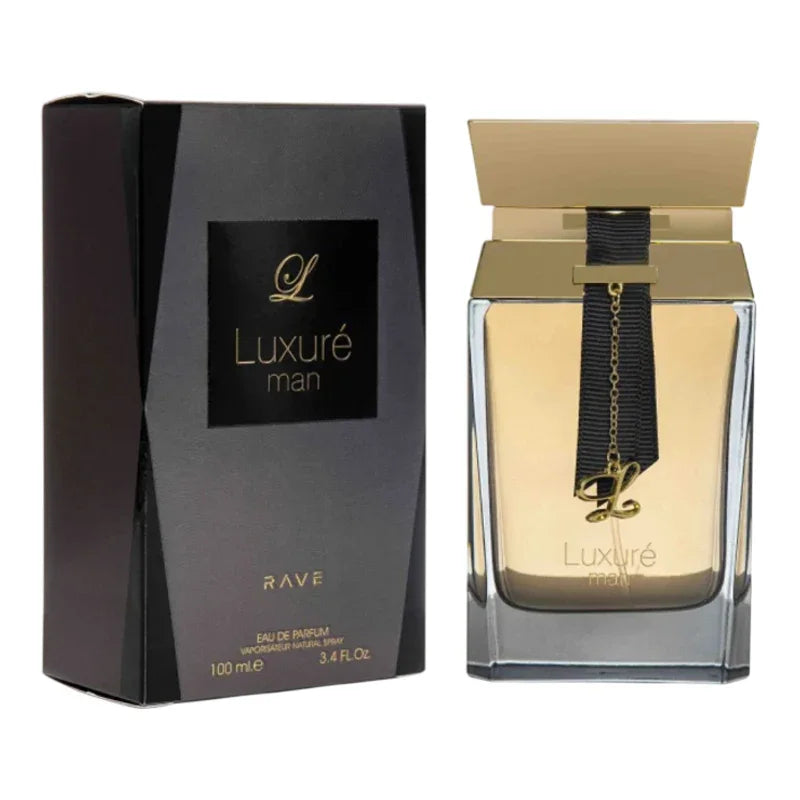Parfum Luxuré Man de Rave, flacon et boîte noire et dorée.